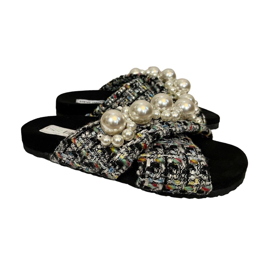 Steve Madden Aleya Slides Slip On Flats Tweed Pearl Embellishments